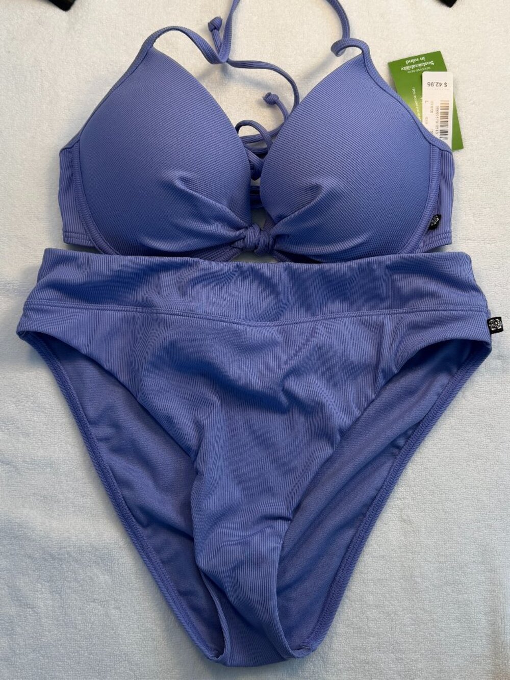 NWT Ribbed Bikini Set Purple Lavender Two Piece Swimsuit Womens Adjustable Top